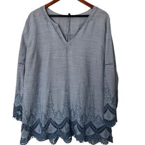 NYDJ Light Blue Chambray Embroidered Blouse Size XL